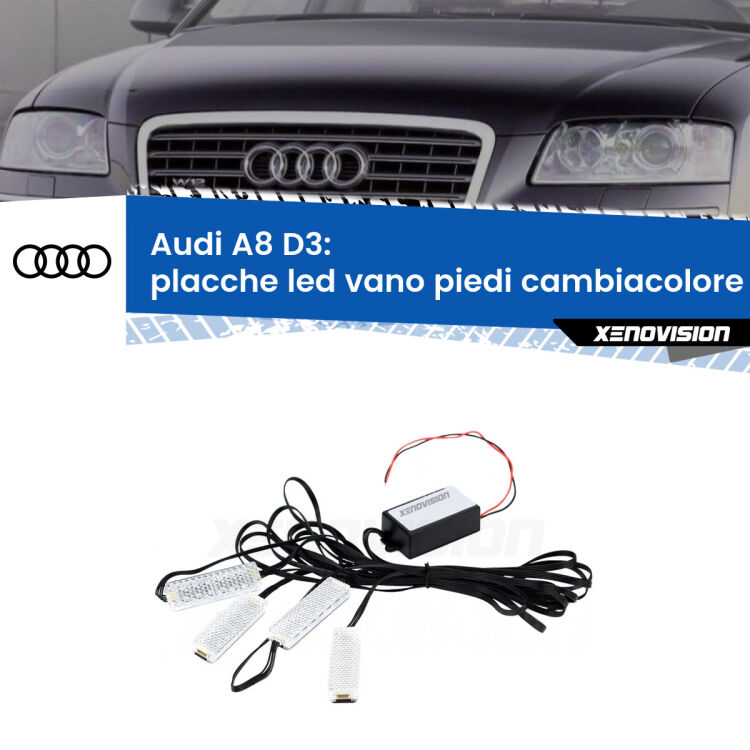 Placche LED vano piedi cambiacolore bluetooth per Audi A8 D3 2002 - 2009 <strong>Kit placche LED cambiacolore vano piedi Audi A8</strong> D3 2002 - 2009. 4 placche <strong>Bluetooth</strong> con app Android /iOS.