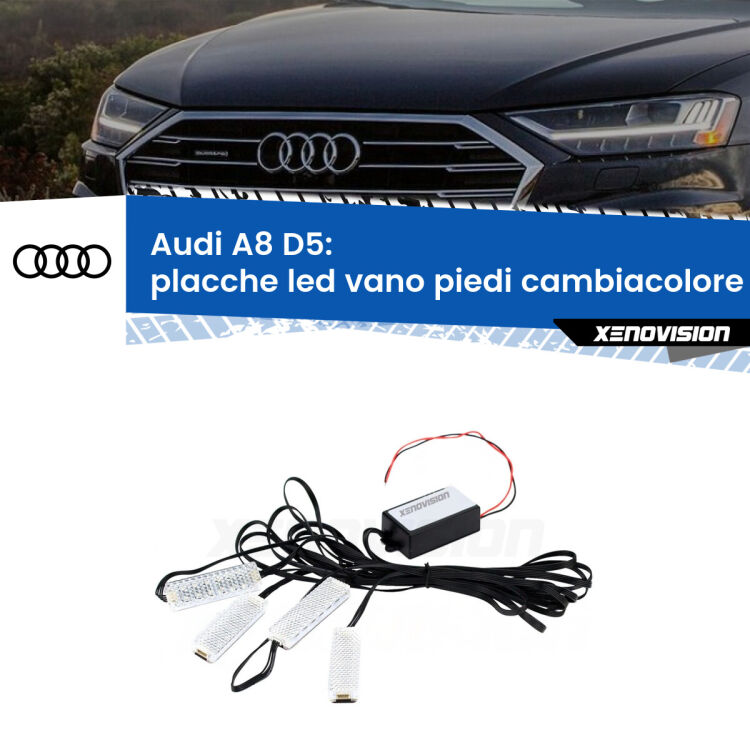 Placche LED vano piedi cambiacolore bluetooth per Audi A8 D5 2018 in poi <strong>Kit placche LED cambiacolore vano piedi Audi A8</strong> D5 2018 in poi. 4 placche <strong>Bluetooth</strong> con app Android /iOS.