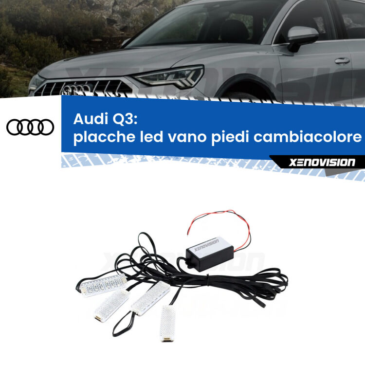Placche LED vano piedi cambiacolore bluetooth per Audi Q3 2011 - 2018 <strong>Kit placche LED cambiacolore vano piedi Audi Q3</strong> 2011 - 2018. 4 placche <strong>Bluetooth</strong> con app Android /iOS.