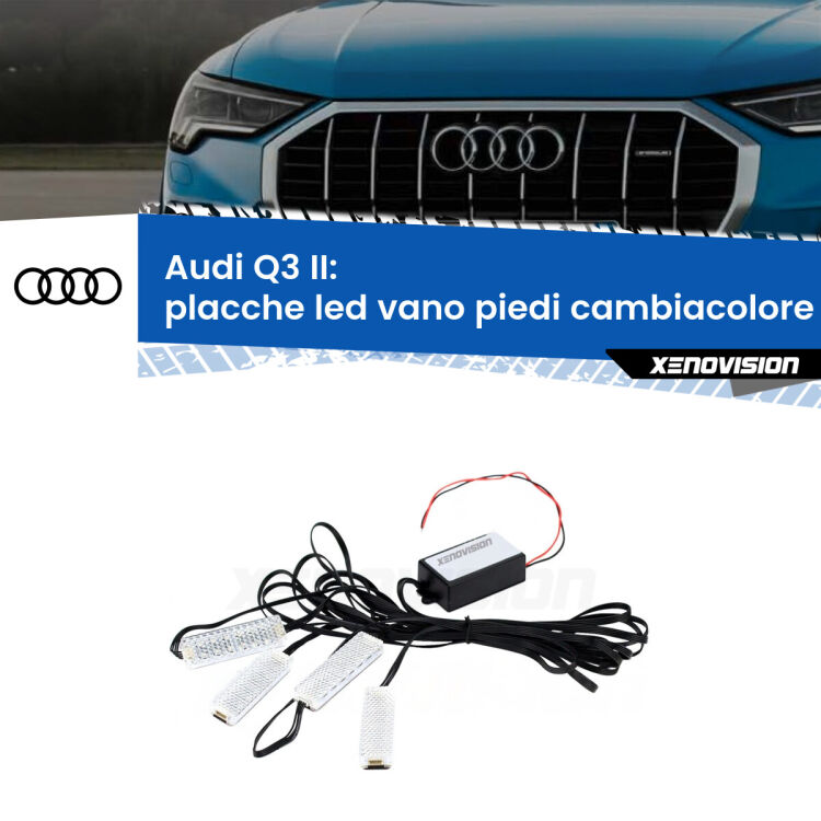 Placche LED vano piedi cambiacolore bluetooth per Audi Q3 II 2019 in poi <strong>Kit placche LED cambiacolore vano piedi Audi Q3</strong> II 2019 in poi. 4 placche <strong>Bluetooth</strong> con app Android /iOS.