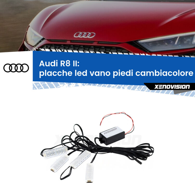 Placche LED vano piedi cambiacolore bluetooth per Audi R8 II 2016 in poi <strong>Kit placche LED cambiacolore vano piedi Audi R8</strong> II 2016 in poi. 4 placche <strong>Bluetooth</strong> con app Android /iOS.