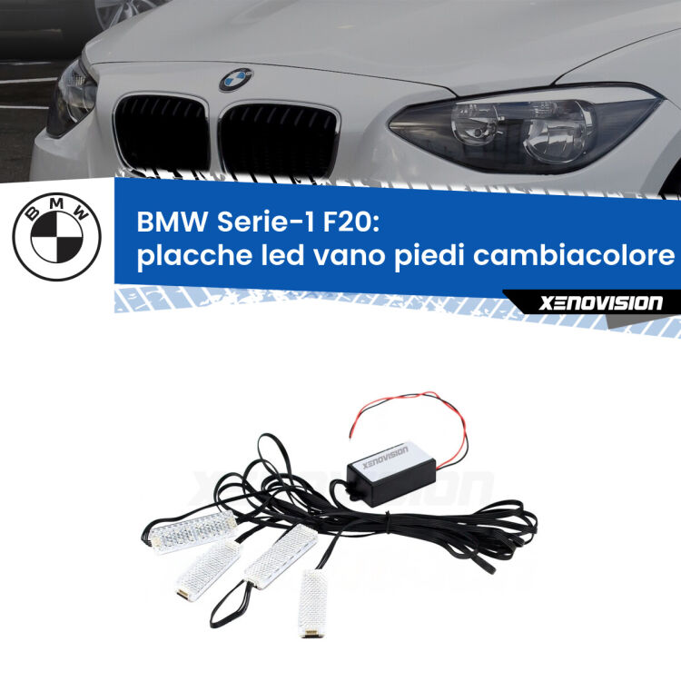 Placche LED vano piedi cambiacolore bluetooth per BMW Serie-1 F20 2010 - 2019 <strong>Kit placche LED cambiacolore vano piedi BMW Serie-1</strong> F20 2010 - 2019. 4 placche <strong>Bluetooth</strong> con app Android /iOS.