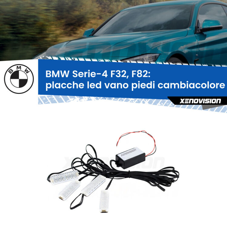 Placche LED vano piedi cambiacolore bluetooth per BMW Serie-4 F32, F82 2013 - 2019 <strong>Kit placche LED cambiacolore vano piedi BMW Serie-4</strong> F32, F82 2013 - 2019. 4 placche <strong>Bluetooth</strong> con app Android /iOS.