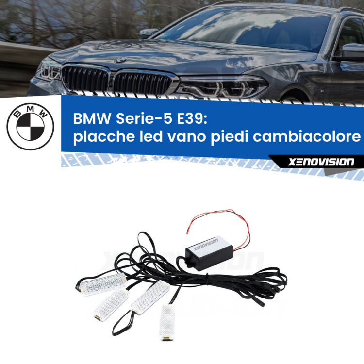 Placche LED vano piedi cambiacolore bluetooth per BMW Serie-5 E39 1996 - 2003 <strong>Kit placche LED cambiacolore vano piedi BMW Serie-5</strong> E39 1996 - 2003. 4 placche <strong>Bluetooth</strong> con app Android /iOS.