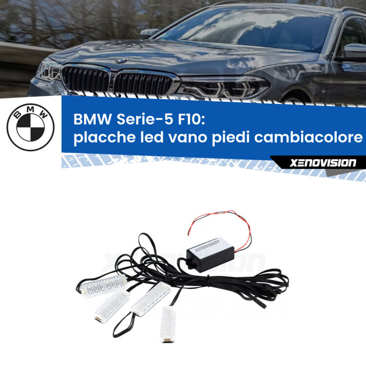 Placche LED vano piedi cambiacolore bluetooth per BMW Serie-5 F10 2010 - 2016 <strong>Kit placche LED cambiacolore vano piedi BMW Serie-5</strong> F10 2010 - 2016. 4 placche <strong>Bluetooth</strong> con app Android /iOS.