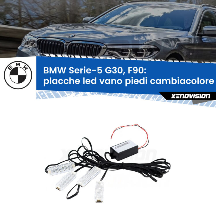 Placche LED vano piedi cambiacolore bluetooth per BMW Serie-5 G30, F90 2017 in poi <strong>Kit placche LED cambiacolore vano piedi BMW Serie-5</strong> G30, F90 2017 in poi. 4 placche <strong>Bluetooth</strong> con app Android /iOS.