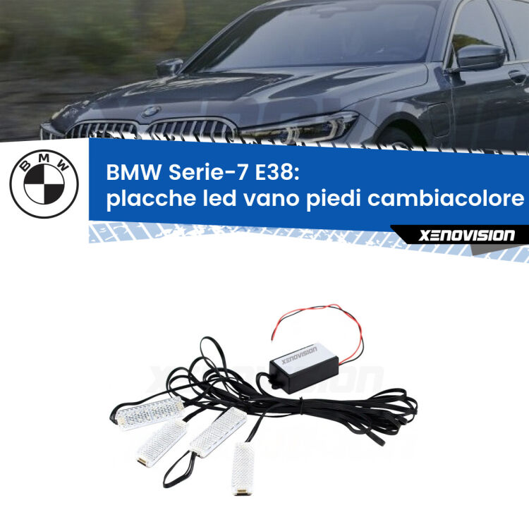 Placche LED vano piedi cambiacolore bluetooth per BMW Serie-7 E38 1994 - 2001 <strong>Kit placche LED cambiacolore vano piedi BMW Serie-7</strong> E38 1994 - 2001. 4 placche <strong>Bluetooth</strong> con app Android /iOS.