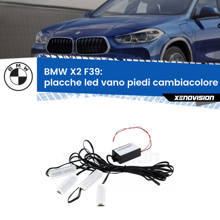 Placche LED vano piedi cambiacolore bluetooth per BMW X2 F39 2017 in poi <strong>Kit placche LED cambiacolore vano piedi BMW X2</strong> F39 2017 in poi. 4 placche <strong>Bluetooth</strong> con app Android /iOS.