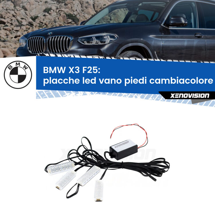 Placche LED vano piedi cambiacolore bluetooth per BMW X3 F25 2010 - 2016 <strong>Kit placche LED cambiacolore vano piedi BMW X3</strong> F25 2010 - 2016. 4 placche <strong>Bluetooth</strong> con app Android /iOS.