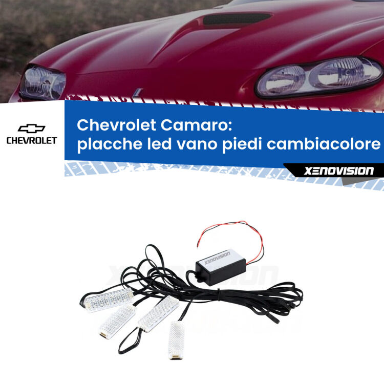 Placche LED vano piedi cambiacolore bluetooth per Chevrolet Camaro  1998 - 2002 <strong>Kit placche LED cambiacolore vano piedi Chevrolet Camaro</strong>  1998 - 2002. 4 placche <strong>Bluetooth</strong> con app Android /iOS.
