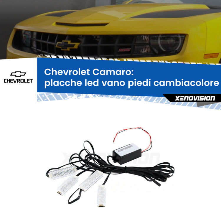 Placche LED vano piedi cambiacolore bluetooth per Chevrolet Camaro  2011 - 2015 <strong>Kit placche LED cambiacolore vano piedi Chevrolet Camaro</strong>  2011 - 2015. 4 placche <strong>Bluetooth</strong> con app Android /iOS.
