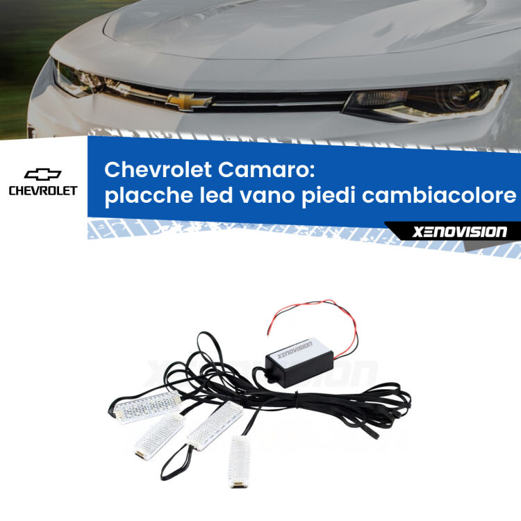 Placche LED vano piedi cambiacolore bluetooth per Chevrolet Camaro  2015 in poi <strong>Kit placche LED cambiacolore vano piedi Chevrolet Camaro</strong>  2015 in poi. 4 placche <strong>Bluetooth</strong> con app Android /iOS.