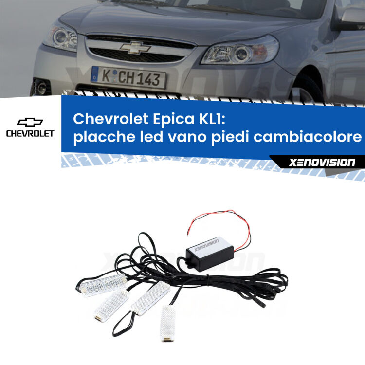 Placche LED vano piedi cambiacolore bluetooth per Chevrolet Epica KL1 2005 - 2011 <strong>Kit placche LED cambiacolore vano piedi Chevrolet Epica</strong> KL1 2005 - 2011. 4 placche <strong>Bluetooth</strong> con app Android /iOS.