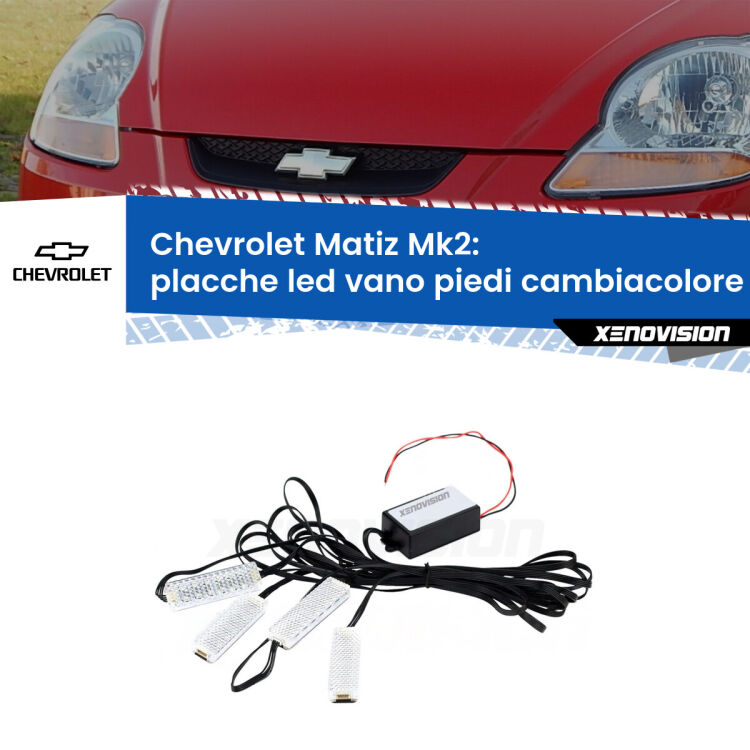 Placche LED vano piedi cambiacolore bluetooth per Chevrolet Matiz Mk2 2005 - 2011 <strong>Kit placche LED cambiacolore vano piedi Chevrolet Matiz</strong> Mk2 2005 - 2011. 4 placche <strong>Bluetooth</strong> con app Android /iOS.
