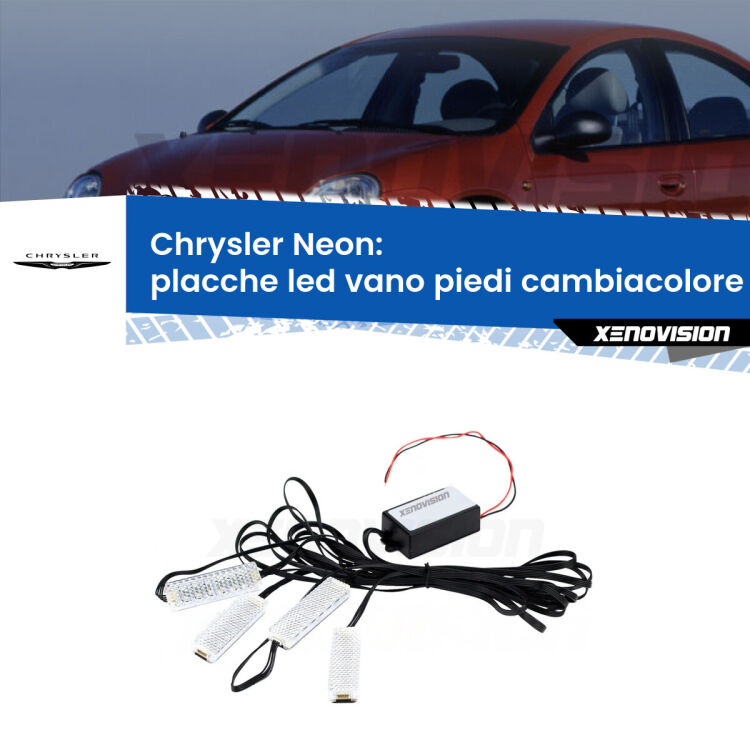 Placche LED vano piedi cambiacolore bluetooth per Chrysler Neon 1994 - 1999 <strong>Kit placche LED cambiacolore vano piedi Chrysler Neon</strong> 1994 - 1999. 4 placche <strong>Bluetooth</strong> con app Android /iOS.