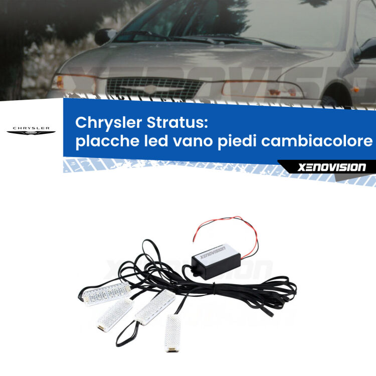 Placche LED vano piedi cambiacolore bluetooth per Chrysler Stratus 1995 - 2001 <strong>Kit placche LED cambiacolore vano piedi Chrysler Stratus</strong> 1995 - 2001. 4 placche <strong>Bluetooth</strong> con app Android /iOS.
