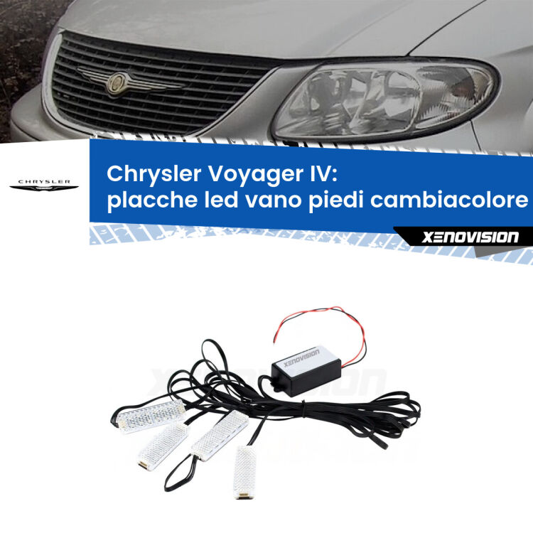 Placche LED vano piedi cambiacolore bluetooth per Chrysler Voyager IV 2000 - 2007 <strong>Kit placche LED cambiacolore vano piedi Chrysler Voyager IV</strong> 2000 - 2007. 4 placche <strong>Bluetooth</strong> con app Android /iOS.