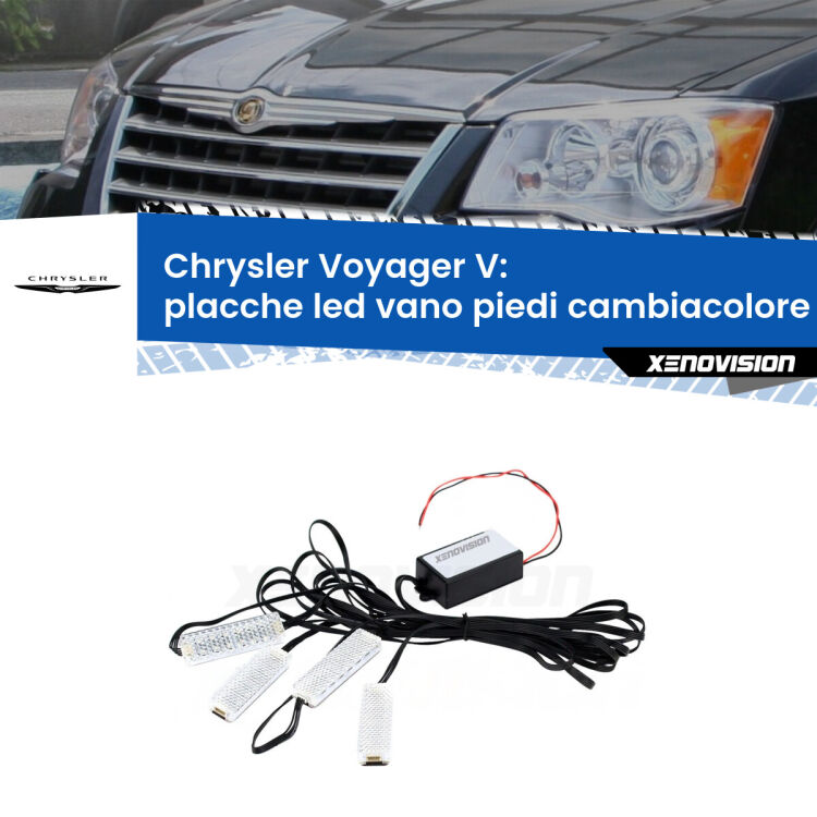 Placche LED vano piedi cambiacolore bluetooth per Chrysler Voyager V 2007 - 2016 <strong>Kit placche LED cambiacolore vano piedi Chrysler Voyager V</strong> 2007 - 2016. 4 placche <strong>Bluetooth</strong> con app Android /iOS.