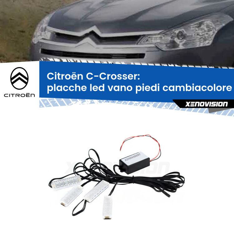 Placche LED vano piedi cambiacolore bluetooth per Citroën C-Crosser  2007 - 2012 <strong>Kit placche LED cambiacolore vano piedi Citroën C-Crosser</strong>  2007 - 2012. 4 placche <strong>Bluetooth</strong> con app Android /iOS.