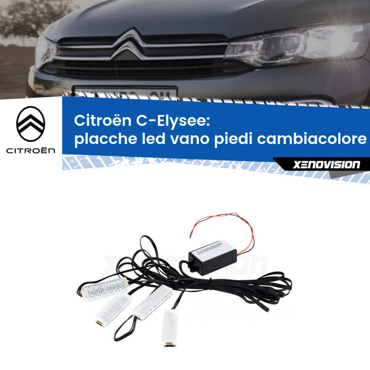 Placche LED vano piedi cambiacolore bluetooth per Citroën C-Elysee 2012 - 2020 <strong>Kit placche LED cambiacolore vano piedi Citroën C-Elysee</strong> 2012 - 2020. 4 placche <strong>Bluetooth</strong> con app Android /iOS.