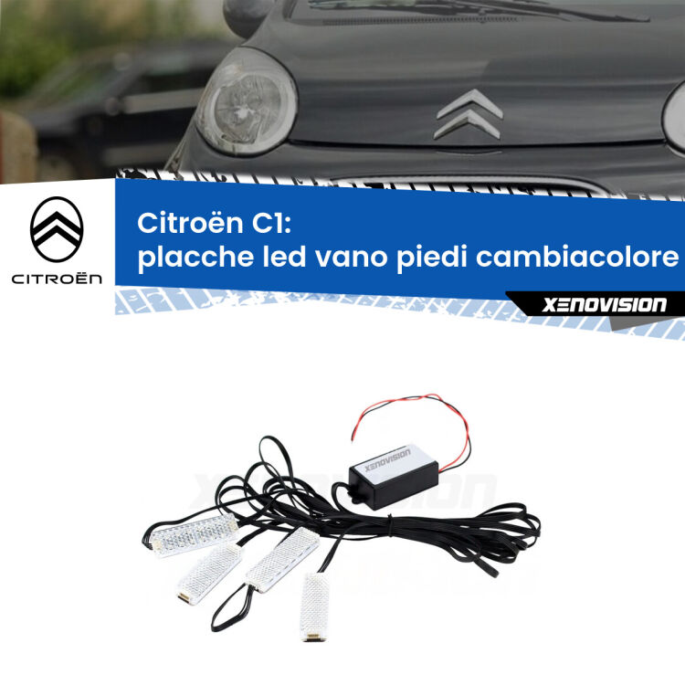 Placche LED vano piedi cambiacolore bluetooth per Citroën C1 2005 - 2013 <strong>Kit placche LED cambiacolore vano piedi Citroën C1</strong> 2005 - 2013. 4 placche <strong>Bluetooth</strong> con app Android /iOS.