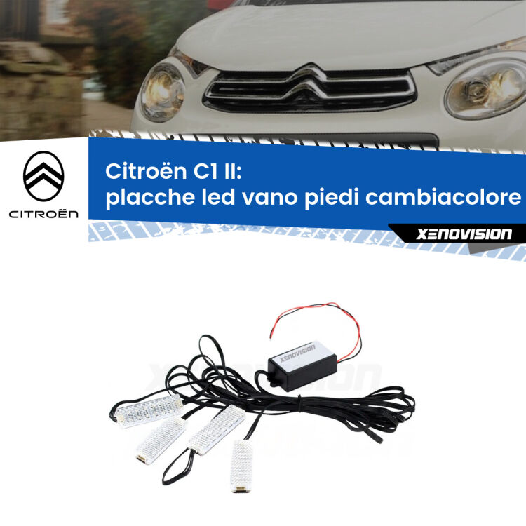 Placche LED vano piedi cambiacolore bluetooth per Citroën C1 II 2014 - 2022 <strong>Kit placche LED cambiacolore vano piedi Citroën C1</strong> II 2014 - 2022. 4 placche <strong>Bluetooth</strong> con app Android /iOS.
