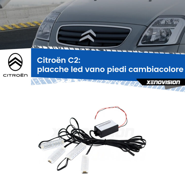 Placche LED vano piedi cambiacolore bluetooth per Citroën C2 2003 - 2009 <strong>Kit placche LED cambiacolore vano piedi Citroën C2</strong> 2003 - 2009. 4 placche <strong>Bluetooth</strong> con app Android /iOS.