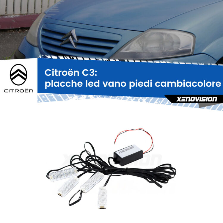Placche LED vano piedi cambiacolore bluetooth per Citroën C3  2002 - 2009 <strong>Kit placche LED cambiacolore vano piedi Citroën C3</strong>  2002 - 2009. 4 placche <strong>Bluetooth</strong> con app Android /iOS.