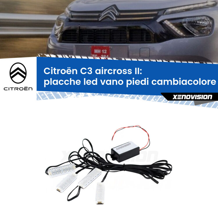 Placche LED vano piedi cambiacolore bluetooth per Citroën C3 aircross II 2024 in poi <strong>Kit placche LED cambiacolore vano piedi Citroën C3 aircross</strong> II 2024 in poi. 4 placche <strong>Bluetooth</strong> con app Android /iOS.