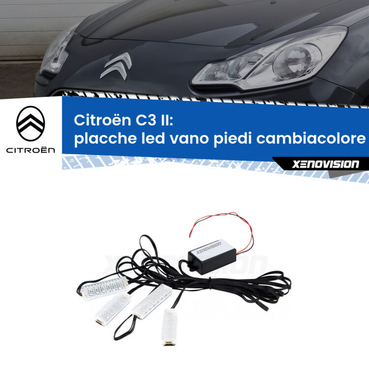 Placche LED vano piedi cambiacolore bluetooth per Citroën C3 II 2009 - 2016 <strong>Kit placche LED cambiacolore vano piedi Citroën C3</strong> II 2009 - 2016. 4 placche <strong>Bluetooth</strong> con app Android /iOS.