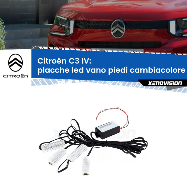 0 Placche LED vano piedi cambiacolore bluetooth per Citroën C3 IV 2024 in poi <strong>Kit placche LED cambiacolore vano piedi Citroën C3</strong> IV 2024 in poi. 4 placche <strong>Bluetooth</strong> con app Android /iOS.