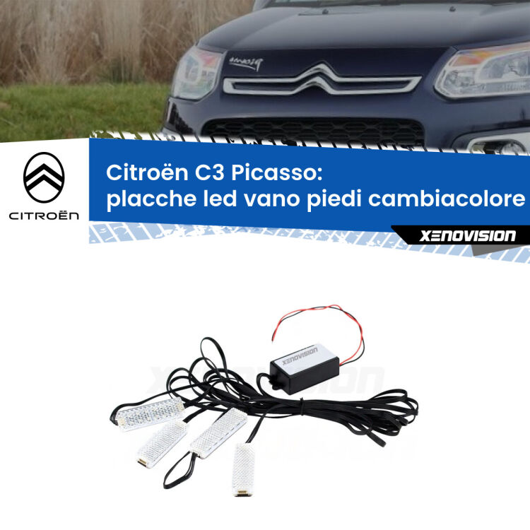 Placche LED vano piedi cambiacolore bluetooth per Citroën C3 Picasso 2009 - 2017 <strong>Kit placche LED cambiacolore vano piedi Citroën C3 Picasso</strong> 2009 - 2017. 4 placche <strong>Bluetooth</strong> con app Android /iOS.
