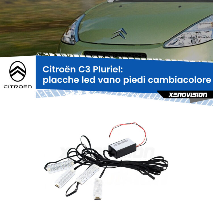 Placche LED vano piedi cambiacolore bluetooth per Citroën C3 Pluriel 2003 - 2010 <strong>Kit placche LED cambiacolore vano piedi Citroën C3 Pluriel</strong> 2003 - 2010. 4 placche <strong>Bluetooth</strong> con app Android /iOS.