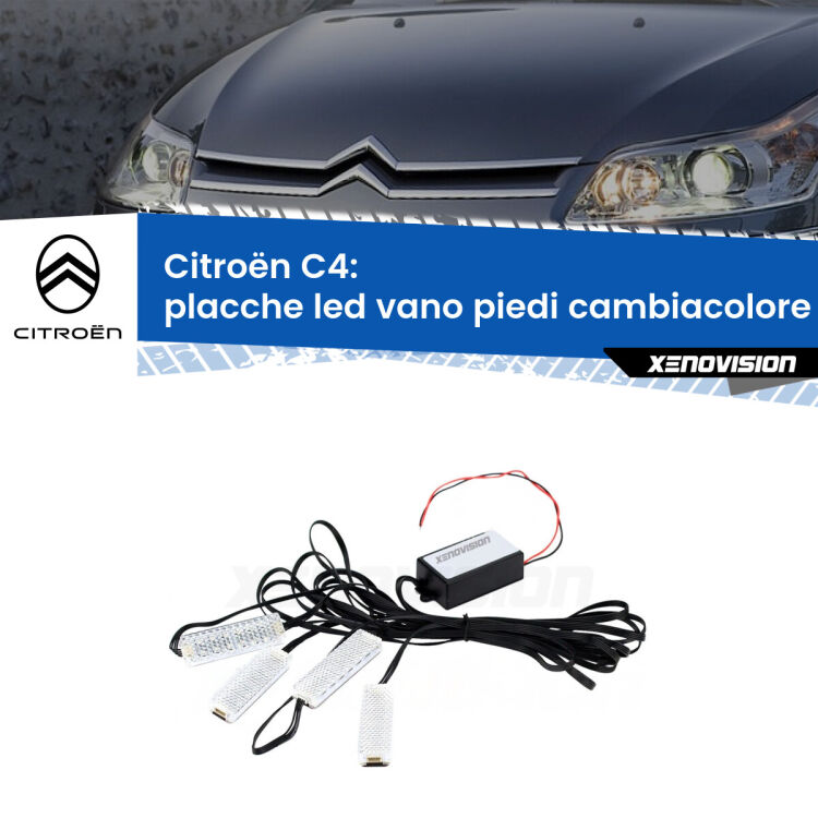 Placche LED vano piedi cambiacolore bluetooth per Citroën C4 2004 - 2010 <strong>Kit placche LED cambiacolore vano piedi Citroën C4</strong> 2004 - 2010. 4 placche <strong>Bluetooth</strong> con app Android /iOS.