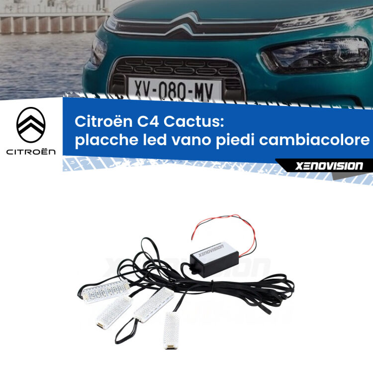 Placche LED vano piedi cambiacolore bluetooth per Citroën C4 Cactus  2014 - 2020 <strong>Kit placche LED cambiacolore vano piedi Citroën C4 Cactus</strong>  2014 - 2020. 4 placche <strong>Bluetooth</strong> con app Android /iOS.