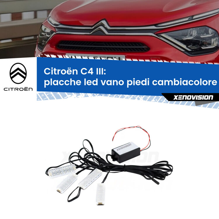 Placche LED vano piedi cambiacolore bluetooth per Citroën C4 III 2020 in poi <strong>Kit placche LED cambiacolore vano piedi Citroën C4</strong> III 2020 in poi. 4 placche <strong>Bluetooth</strong> con app Android /iOS.