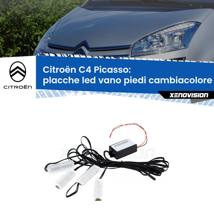 Placche LED vano piedi cambiacolore bluetooth per Citroën C4 Picasso 2006 - 2013 <strong>Kit placche LED cambiacolore vano piedi Citroën C4 Picasso</strong> 2006 - 2013. 4 placche <strong>Bluetooth</strong> con app Android /iOS.
