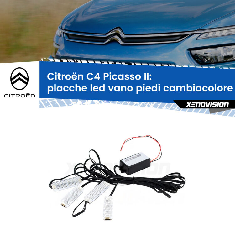 Placche LED vano piedi cambiacolore bluetooth per Citroën C4 Picasso II 2013 - 2022 <strong>Kit placche LED cambiacolore vano piedi Citroën C4 Picasso</strong> II 2013 - 2022. 4 placche <strong>Bluetooth</strong> con app Android /iOS.