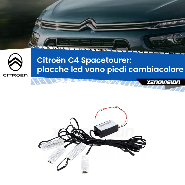 Placche LED vano piedi cambiacolore bluetooth per Citroën C4 Spacetourer 2018 - 2020 <strong>Kit placche LED cambiacolore vano piedi Citroën C4 Spacetourer</strong> 2018 - 2020. 4 placche <strong>Bluetooth</strong> con app Android /iOS.