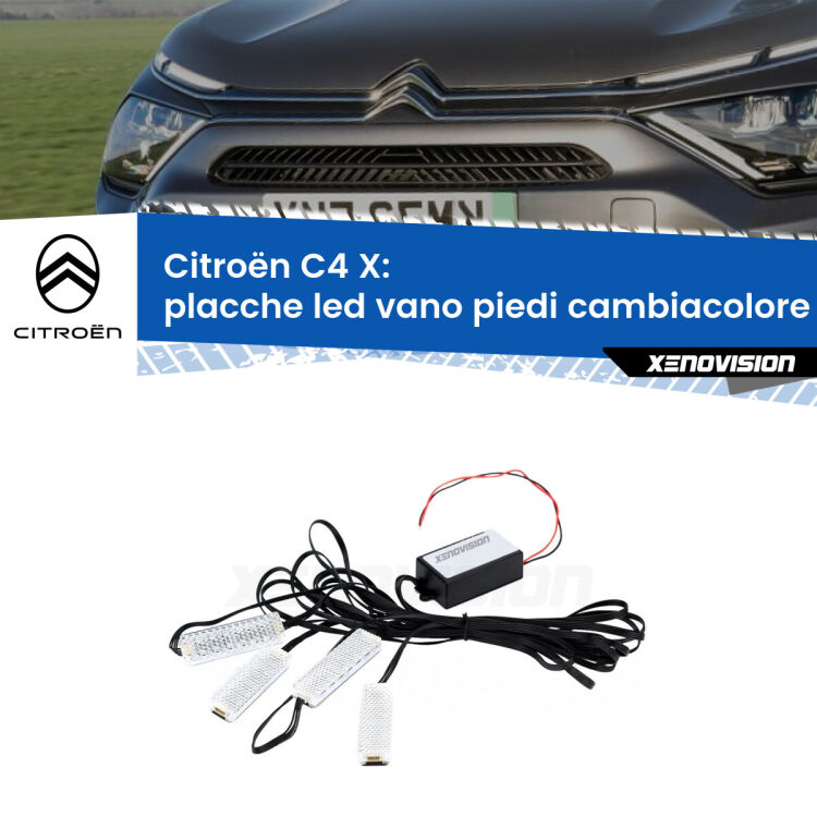 Placche LED vano piedi cambiacolore bluetooth per Citroën C4 X 2022 in poi <strong>Kit placche LED cambiacolore vano piedi Citroën C4 X</strong> 2022 in poi. 4 placche <strong>Bluetooth</strong> con app Android /iOS.