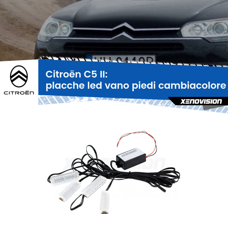 Placche LED vano piedi cambiacolore bluetooth per Citroën C5 II 2008 - 2017 <strong>Kit placche LED cambiacolore vano piedi Citroën C5</strong> II 2008 - 2017. 4 placche <strong>Bluetooth</strong> con app Android /iOS.
