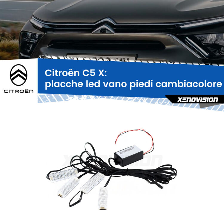 Placche LED vano piedi cambiacolore bluetooth per Citroën C5 X 2021 in poi <strong>Kit placche LED cambiacolore vano piedi Citroën C5 X</strong> 2021 in poi. 4 placche <strong>Bluetooth</strong> con app Android /iOS.
