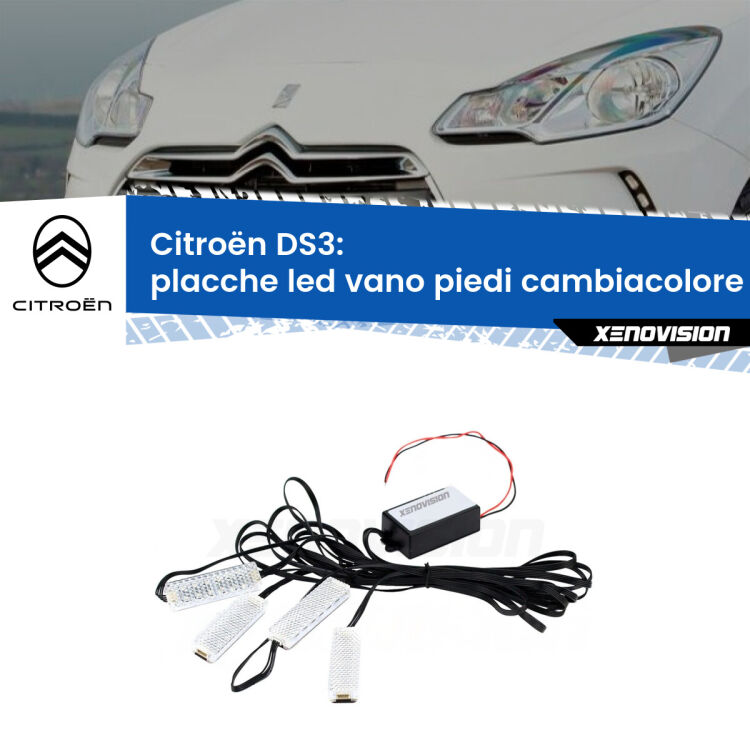 Placche LED vano piedi cambiacolore bluetooth per Citroën DS3 2009 - 2015 <strong>Kit placche LED cambiacolore vano piedi Citroën DS3</strong> 2009 - 2015. 4 placche <strong>Bluetooth</strong> con app Android /iOS.