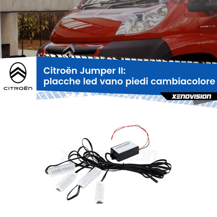 0 Placche LED vano piedi cambiacolore bluetooth per Citroën Jumper II 2006 - 2014 <strong>Kit placche LED cambiacolore vano piedi Citroën Jumper</strong> II 2006 - 2014. 4 placche <strong>Bluetooth</strong> con app Android /iOS.