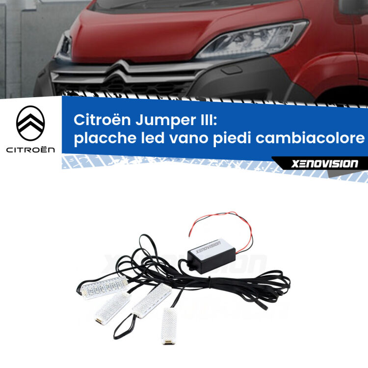 0 Placche LED vano piedi cambiacolore bluetooth per Citroën Jumper III 2014 in poi <strong>Kit placche LED cambiacolore vano piedi Citroën Jumper</strong> III 2014 in poi. 4 placche <strong>Bluetooth</strong> con app Android /iOS.