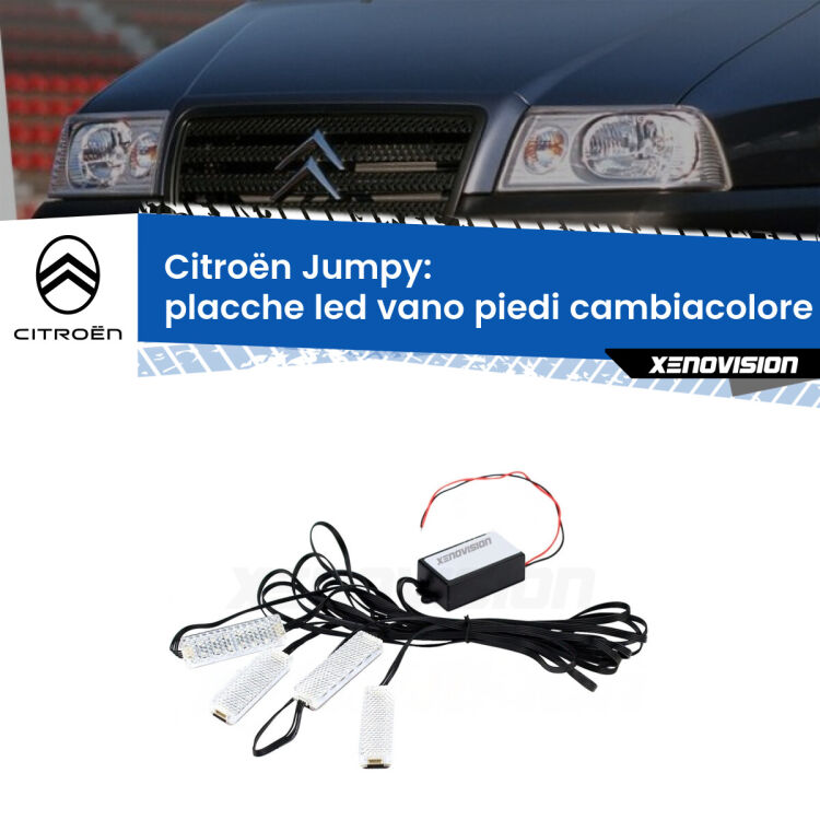 Placche LED vano piedi cambiacolore bluetooth per Citroën Jumpy 1994 - 2005 <strong>Kit placche LED cambiacolore vano piedi Citroën Jumpy</strong> 1994 - 2005. 4 placche <strong>Bluetooth</strong> con app Android /iOS.