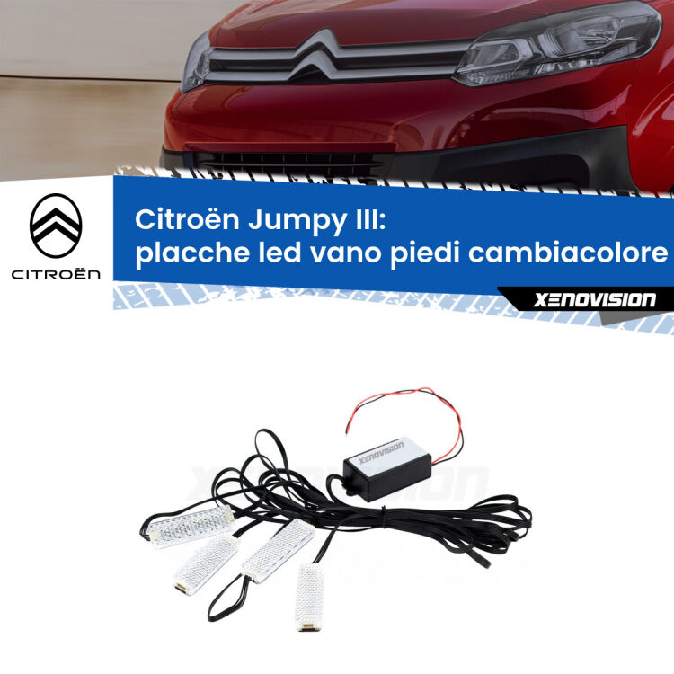Placche LED vano piedi cambiacolore bluetooth per Citroën Jumpy III 2016 in poi <strong>Kit placche LED cambiacolore vano piedi Citroën Jumpy</strong> III 2016 in poi. 4 placche <strong>Bluetooth</strong> con app Android /iOS.