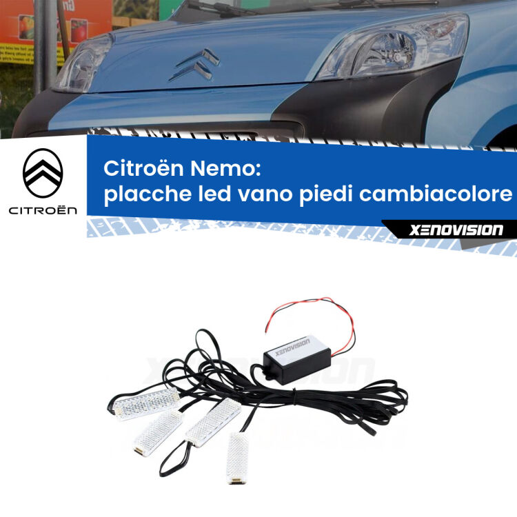 Placche LED vano piedi cambiacolore bluetooth per Citroën Nemo  2008 in poi <strong>Kit placche LED cambiacolore vano piedi Citroën Nemo</strong>  2008 in poi. 4 placche <strong>Bluetooth</strong> con app Android /iOS.