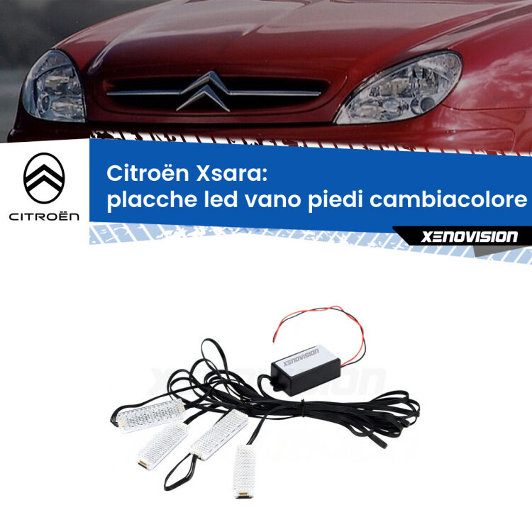 Placche LED vano piedi cambiacolore bluetooth per Citroën Xsara 1997 - 2005 <strong>Kit placche LED cambiacolore vano piedi Citroën Xsara</strong> 1997 - 2005. 4 placche <strong>Bluetooth</strong> con app Android /iOS.