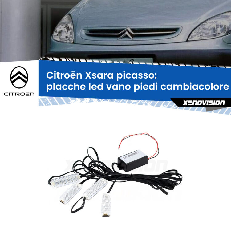 Placche LED vano piedi cambiacolore bluetooth per Citroën Xsara picasso 1999 - 2012 <strong>Kit placche LED cambiacolore vano piedi Citroën Xsara picasso</strong> 1999 - 2012. 4 placche <strong>Bluetooth</strong> con app Android /iOS.
